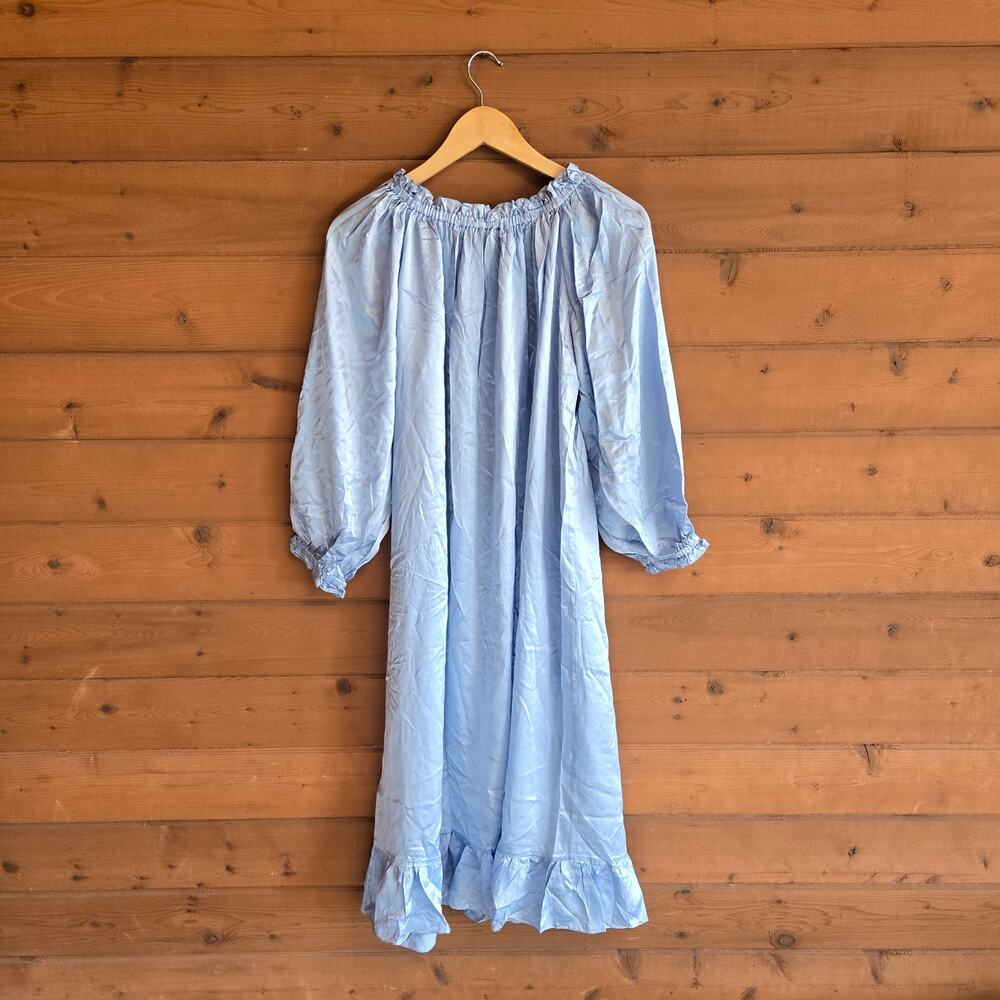 Sleeper Maria Blue Silk Loungewear Dress NWOT Button Down Oversized Ruffle Chic - Picture 8 of 9